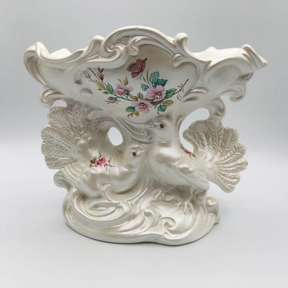 VINTAGE BERGER Candy Dish Dove Birds Trinket Pedestal Jeweled *FLAWED SEE BELOW